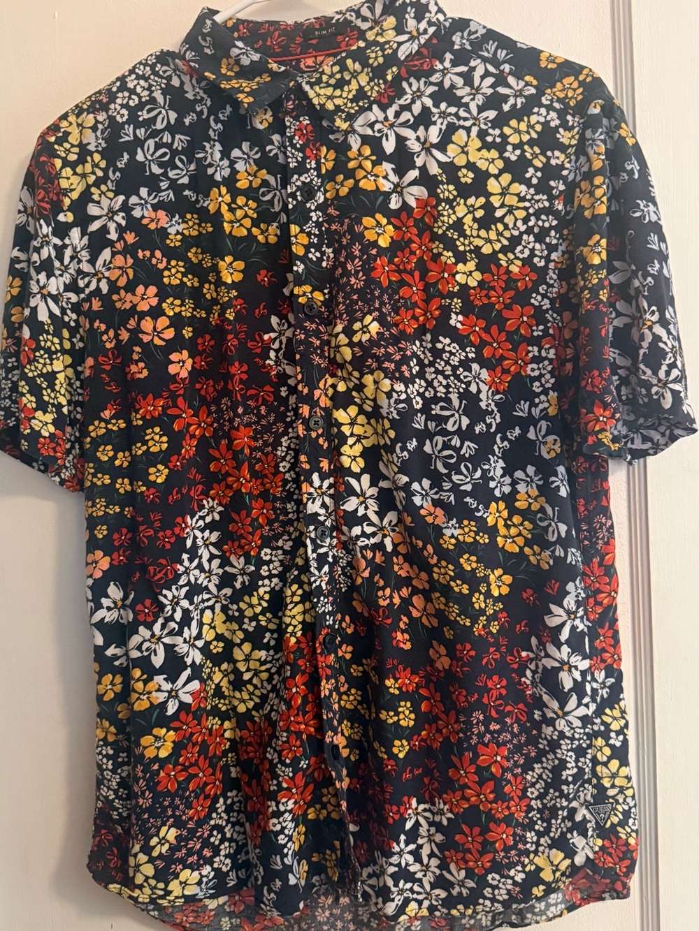 Guess Men’s Black Floral Shirt with Red, Yellow & White Flowers